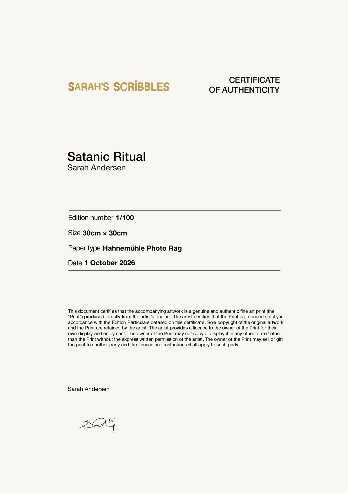 Satanic Ritual — Certificate of Authenticity