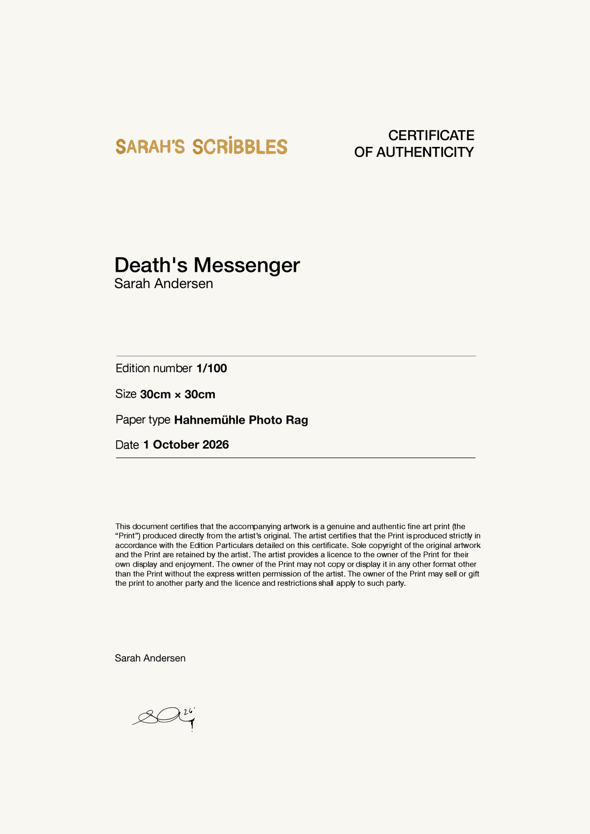 Death's Messenger — Certificate of Authenticity